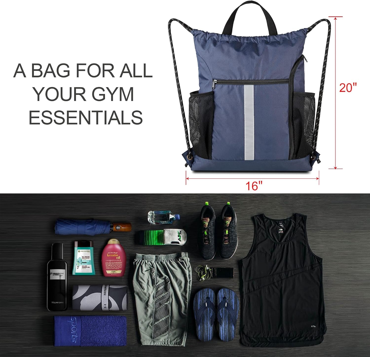 Gym-Drawstring-Backpack-Bag with Shoe Compartment and Two Water Bottle Holder Large String Backpack Sports Bag Athletic Sackpack for Men Women