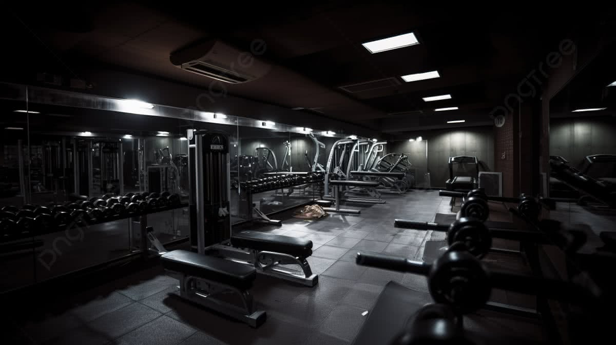 Dark gym interior with various exercise equipment.